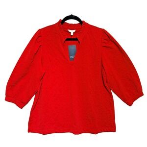 Crown & Ivy Women's 1X Red Jacquard Ruffle Neck 3/4 Sleeve Blouse Top Plus